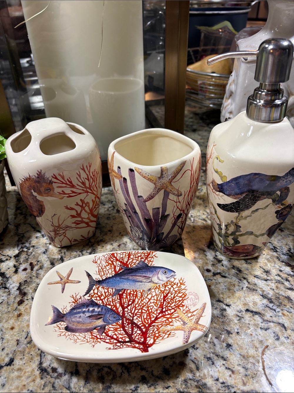 Coastal Ceramic Bath Accessory Set in Cream and Coral